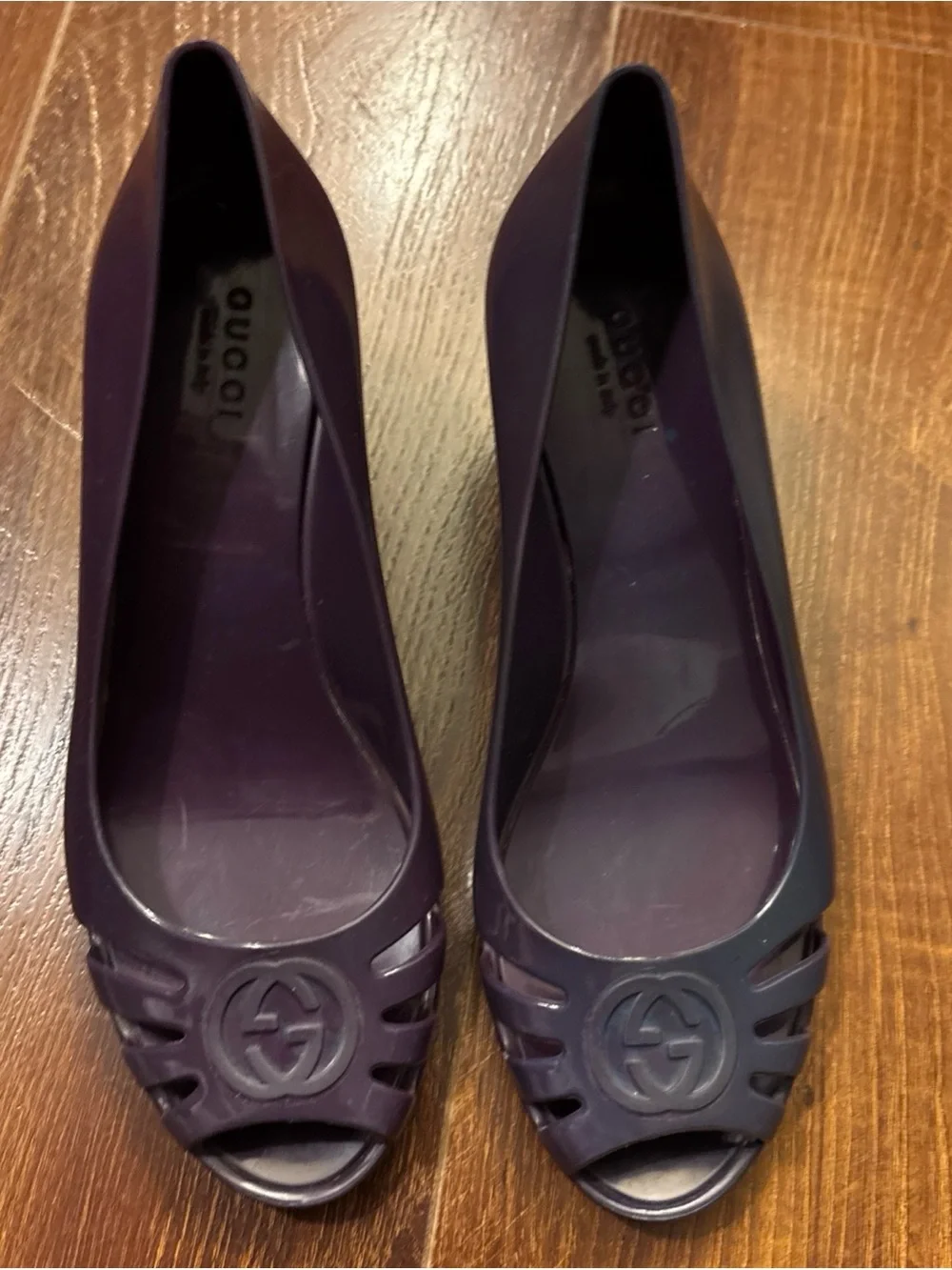 Gucci GG Logo Purple Rubber Slip On Wedge Shoes SZ 6